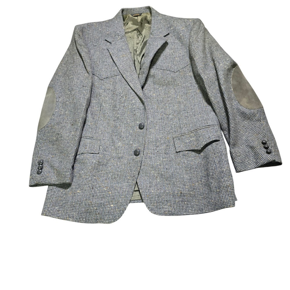 vintage Levi's Western Wear Blazer Mens 48R Blue Grey Tweed Suede Elbow Patches